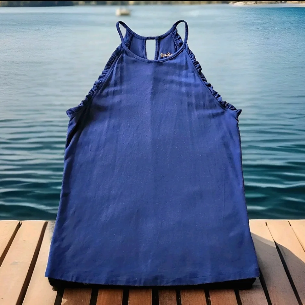 πΊ Lilly Pulitzer Alek Ruffle Halter Tank Top β Navy β Size XS (Generous Fit) - Picture 2 of 8